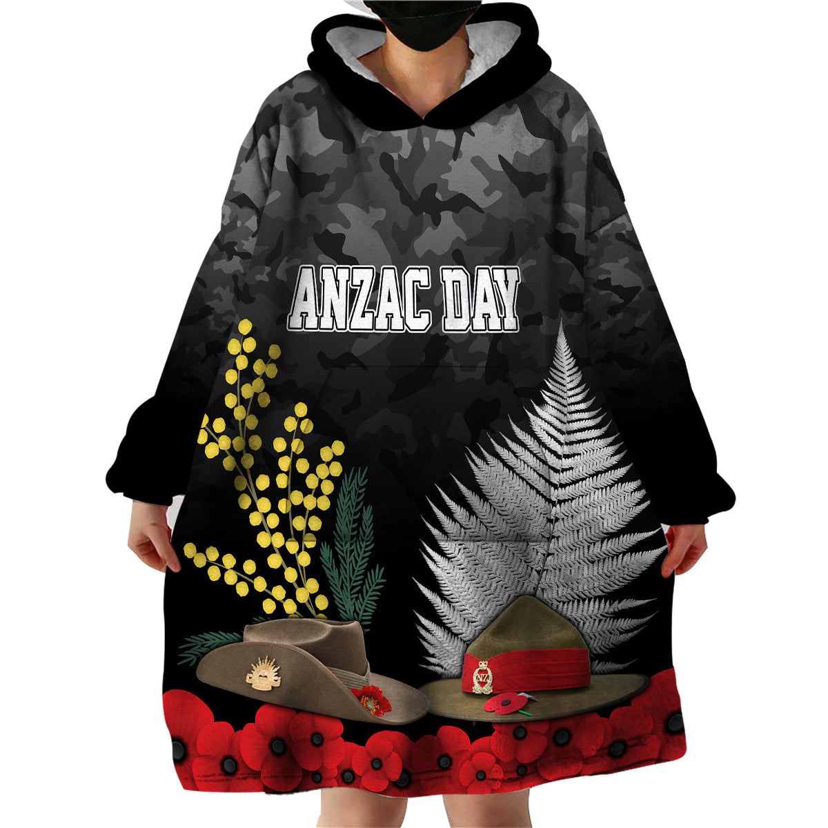 ANZAC DAY Wearable Blanket Hoodie Camo Style - Slouch Hats Mix Silver Fern Golden Wattle - Vibe Hoodie Shop