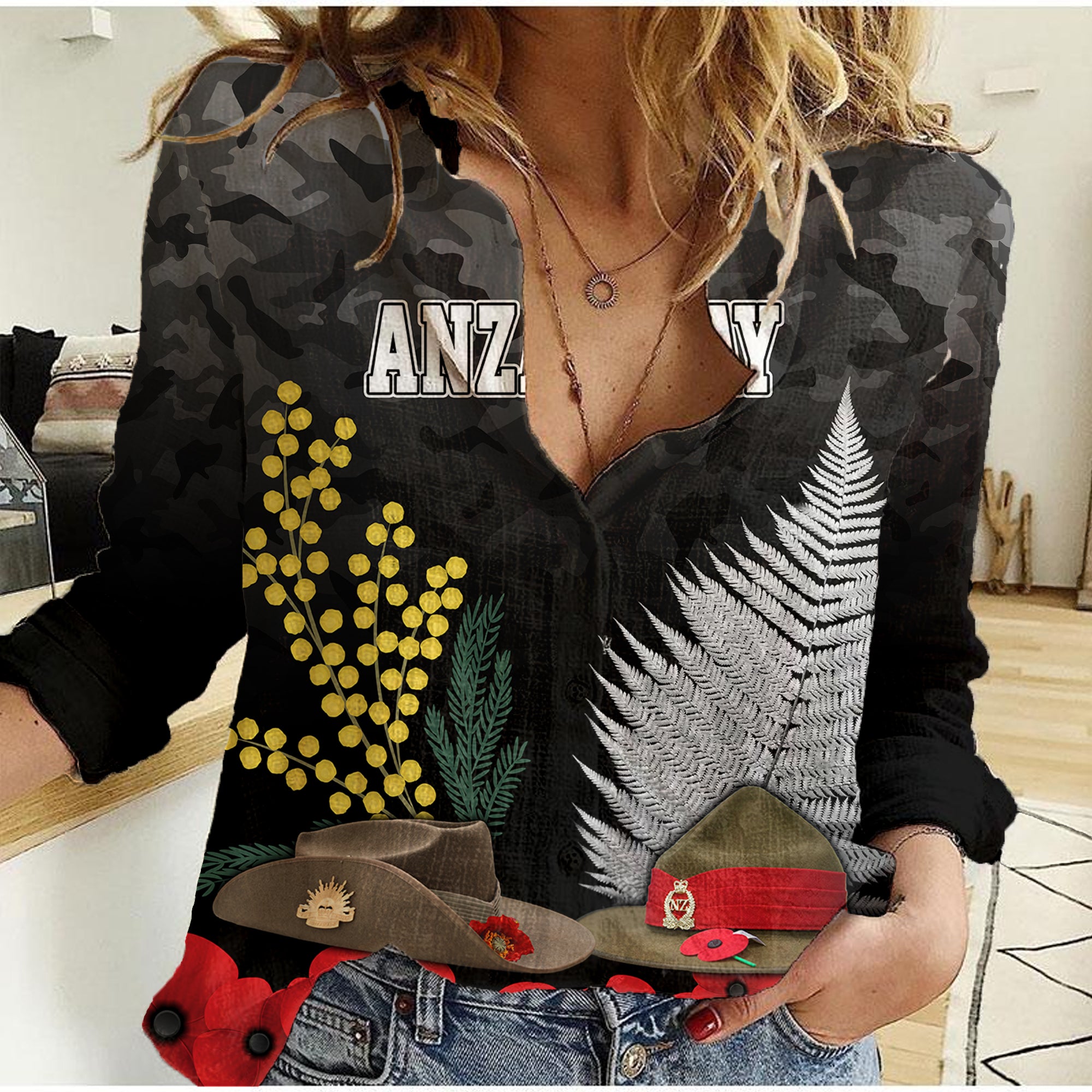 ANZAC DAY Women Casual Shirt Camo Style - Slouch Hats Mix Silver Fern Golden Wattle - Vibe Hoodie Shop