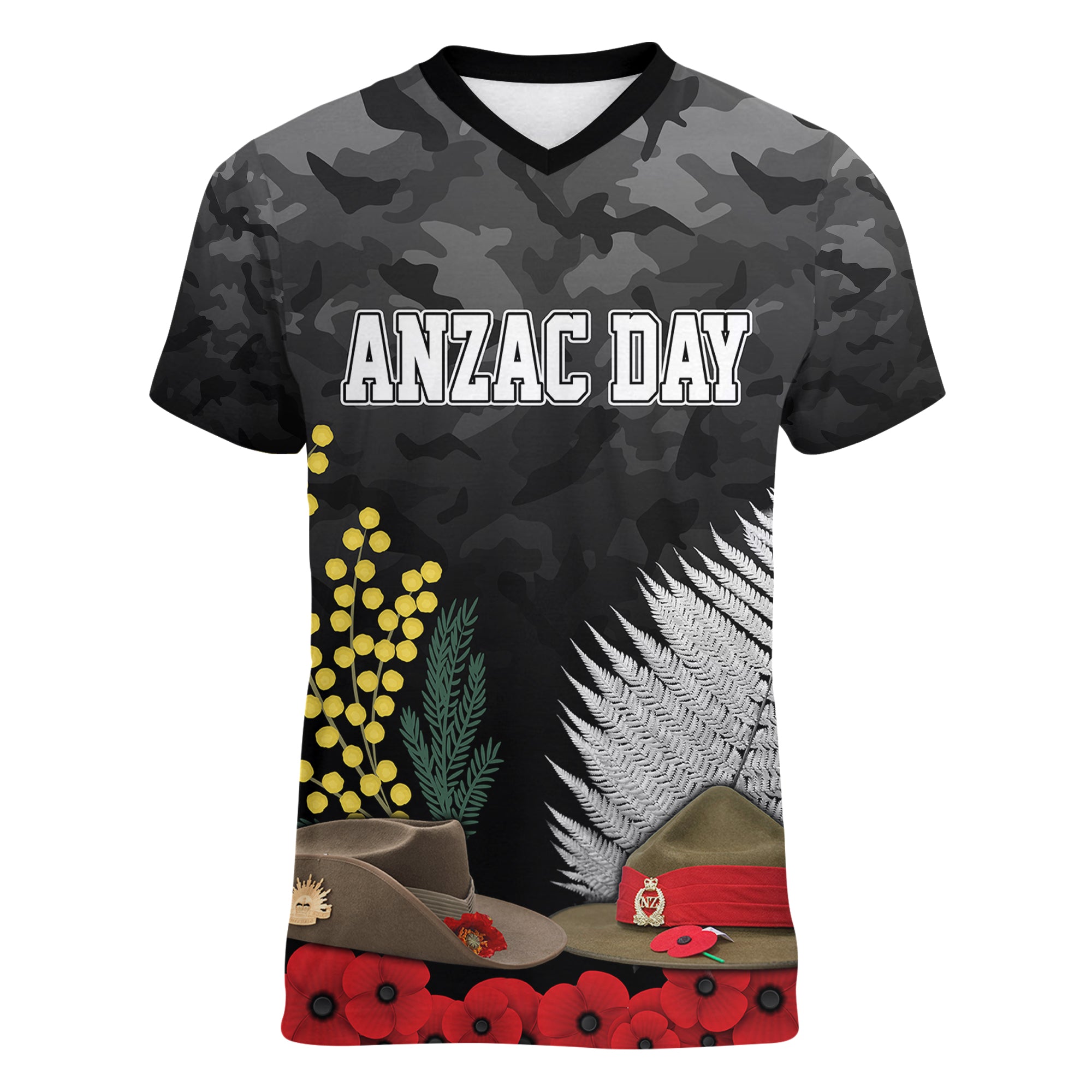 ANZAC DAY Women V Neck T Shirt Camo Style - Slouch Hats Mix Silver Fern Golden Wattle - Vibe Hoodie Shop