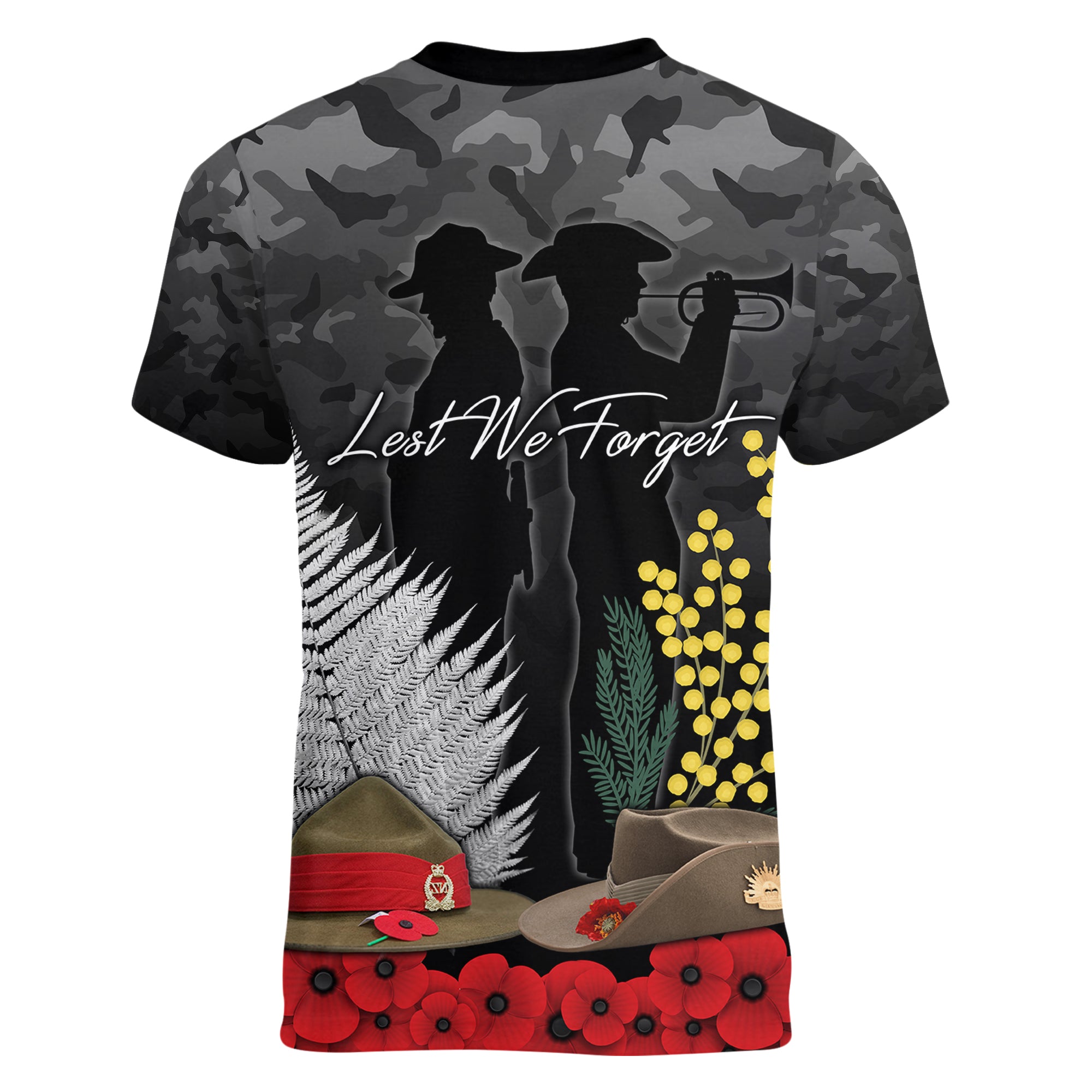 ANZAC DAY Women V Neck T Shirt Camo Style - Slouch Hats Mix Silver Fern Golden Wattle - Vibe Hoodie Shop