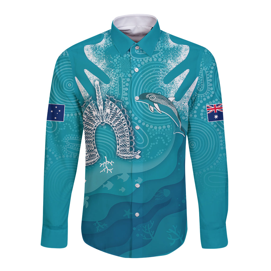 NAIDOC Week 2023 Long Sleeve Button Shirt For Our Elders Torres Strait Dolphin Aboriginal Dot Arts - Vibe Hoodie Shop