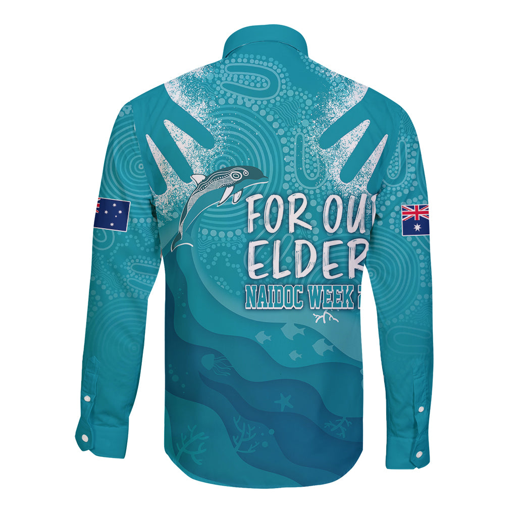 NAIDOC Week 2023 Long Sleeve Button Shirt For Our Elders Torres Strait Dolphin Aboriginal Dot Arts - Vibe Hoodie Shop