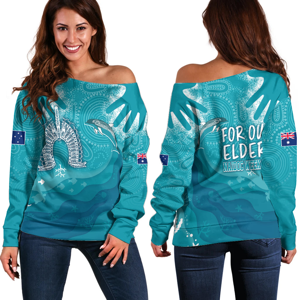 NAIDOC Week 2023 Off Shoulder Sweater For Our Elders Torres Strait Dolphin Aboriginal Dot Arts - Vibe Hoodie Shop