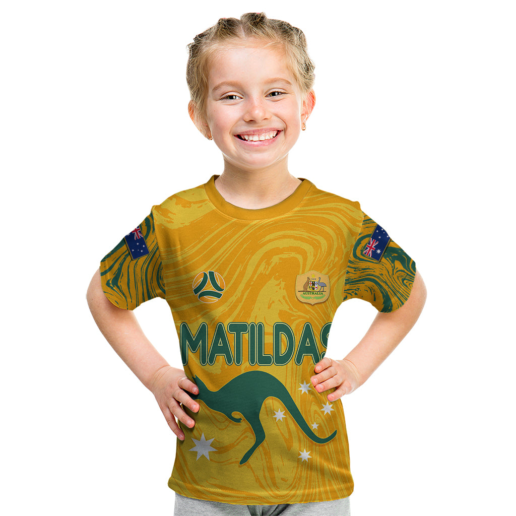 Personalised Aussie Matildas Kid T Shirt 2023 Women World Cup Marble Patterns - Vibe Hoodie Shop