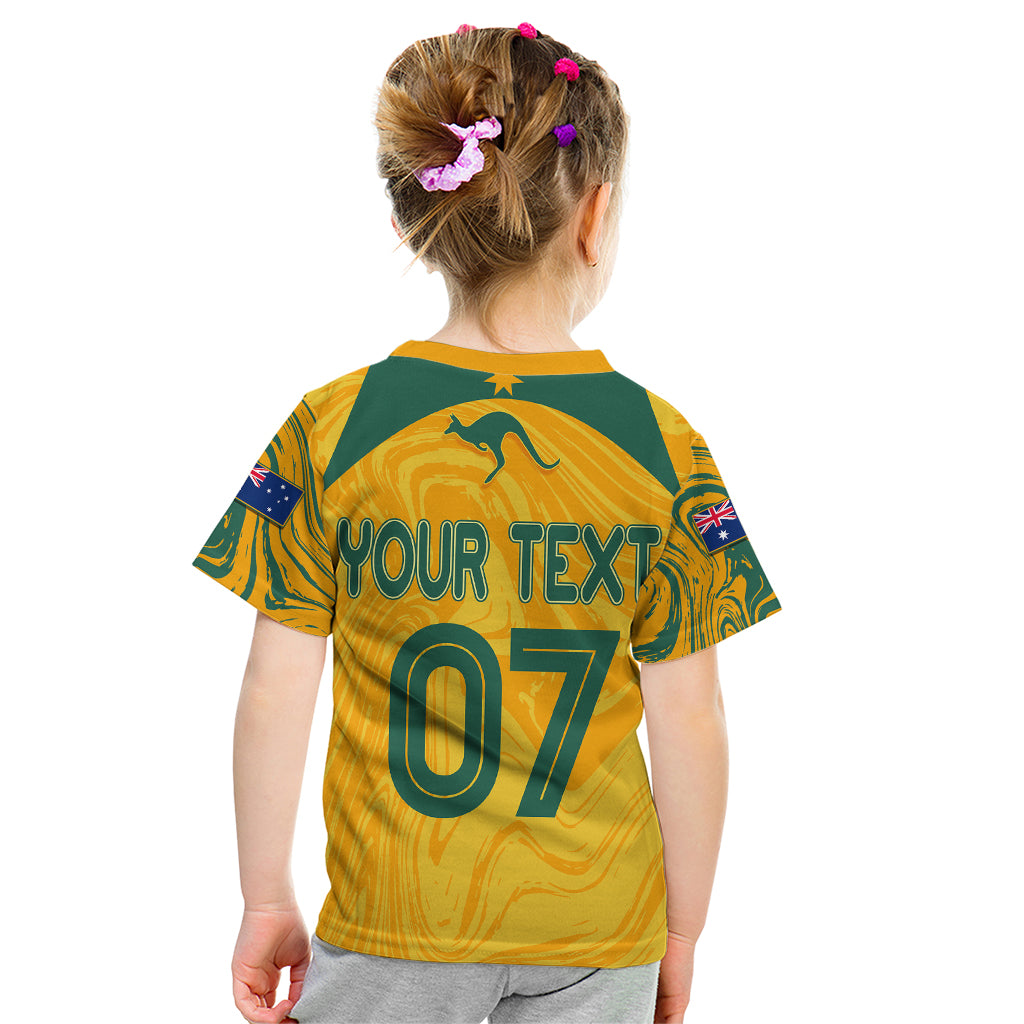 Personalised Aussie Matildas Kid T Shirt 2023 Women World Cup Marble Patterns - Vibe Hoodie Shop