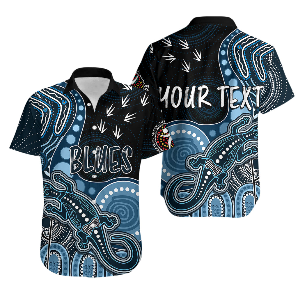 Personalised NAIDOC Week 2023 AFL Blues Hawaiian Shirt Aboriginal Dot Art Lizard Mix Boomerang - Vibe Hoodie Shop