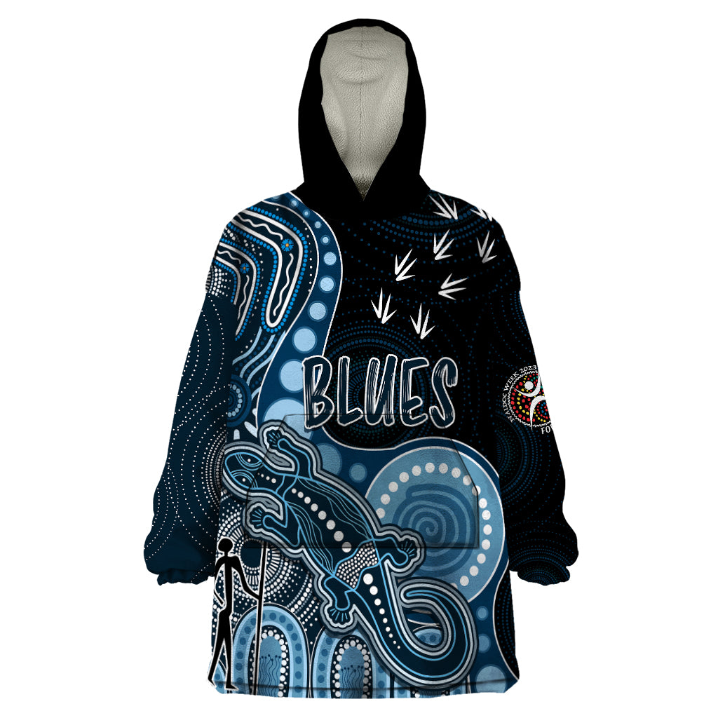 Personalised NAIDOC Week 2023 AFL Blues Wearable Blanket Hoodie Aboriginal Dot Art Lizard Mix Boomerang - Vibe Hoodie Shop