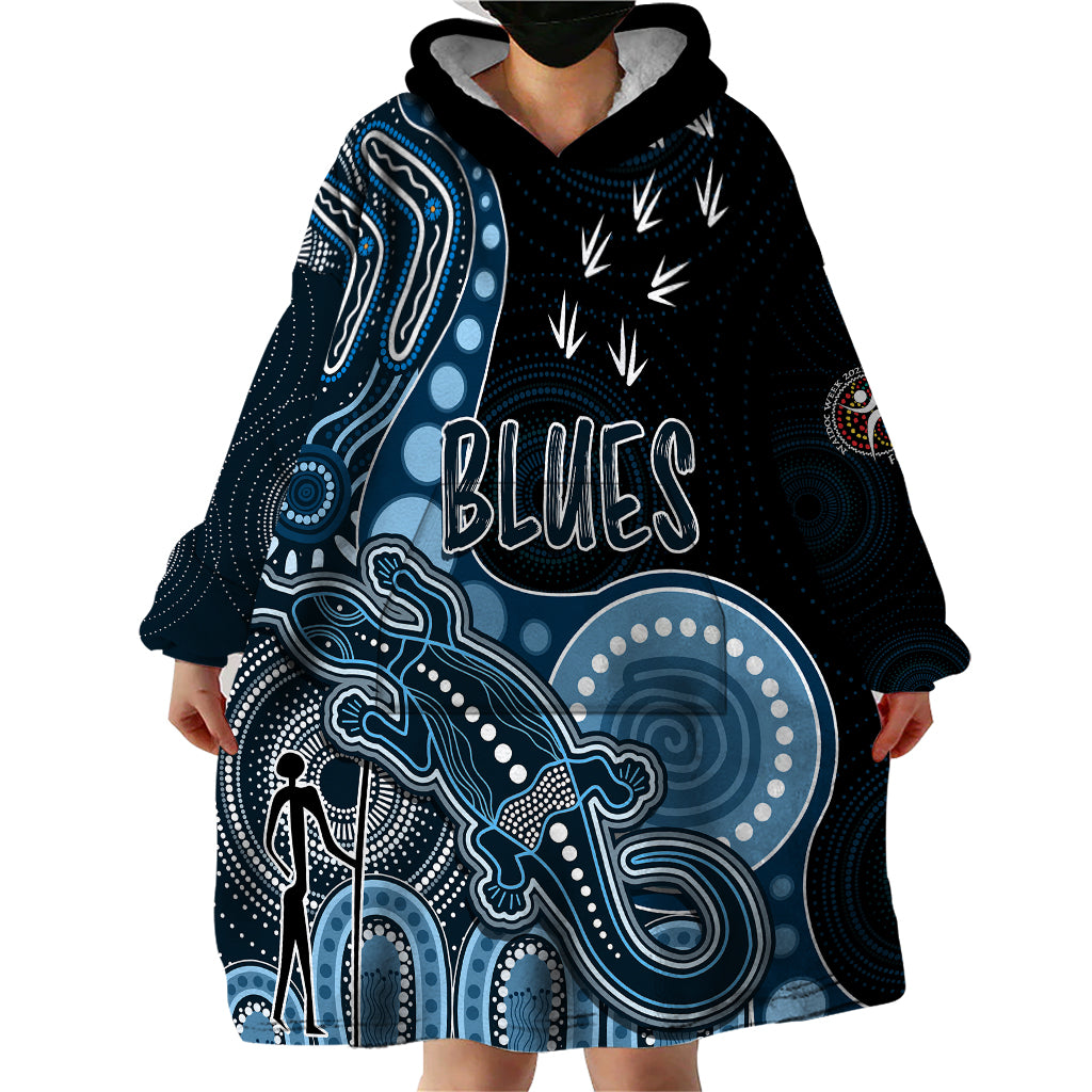 Personalised NAIDOC Week 2023 AFL Blues Wearable Blanket Hoodie Aboriginal Dot Art Lizard Mix Boomerang - Vibe Hoodie Shop