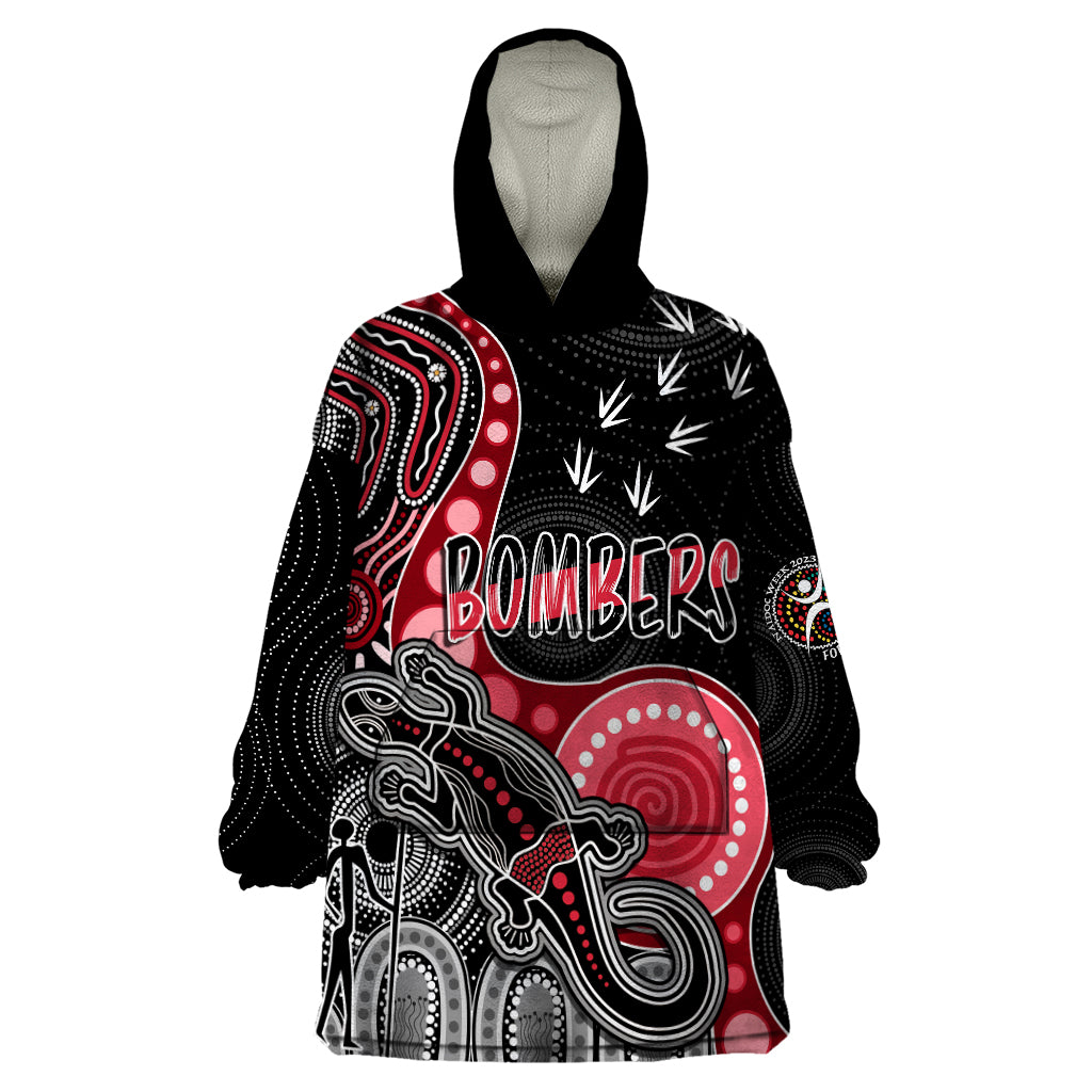 Personalised NAIDOC Week 2023 AFL Bombers Wearable Blanket Hoodie Aboriginal Dot Art Lizard Mix Boomerang - Vibe Hoodie Shop