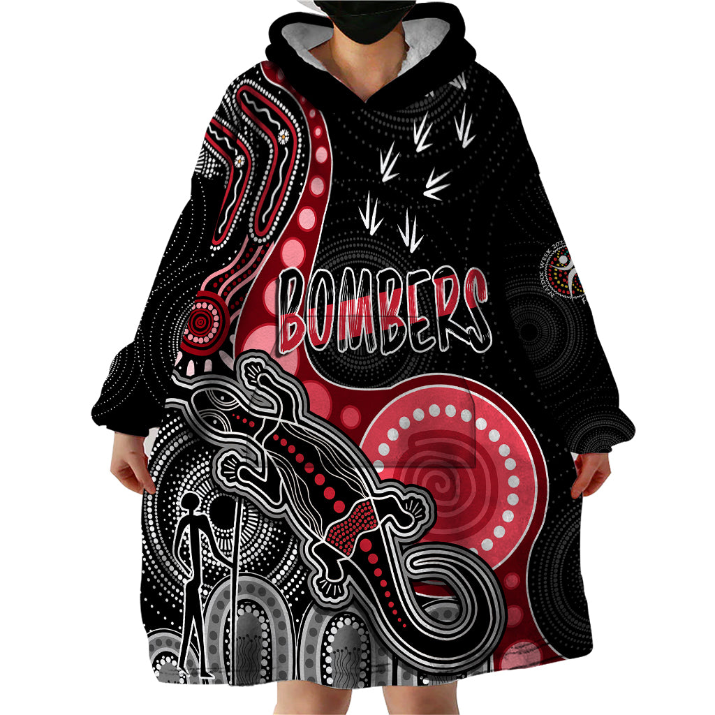 Personalised NAIDOC Week 2023 AFL Bombers Wearable Blanket Hoodie Aboriginal Dot Art Lizard Mix Boomerang - Vibe Hoodie Shop