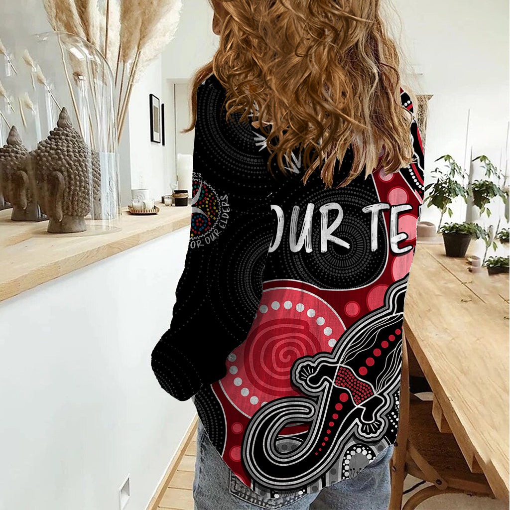 Personalised NAIDOC Week 2023 AFL Bombers Women Casual Shirt Aboriginal Dot Art Lizard Mix Boomerang - Vibe Hoodie Shop