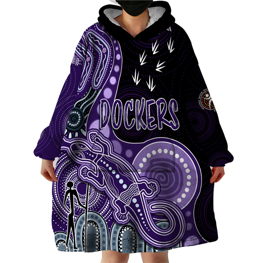 Personalised NAIDOC Week 2023 AFL Dockers Wearable Blanket Hoodie Aboriginal Dot Art Lizard Mix Boomerang - Vibe Hoodie Shop