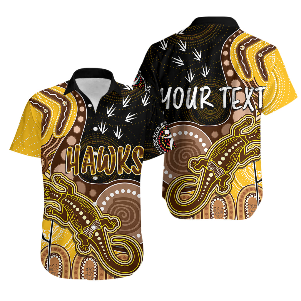 Personalised NAIDOC Week 2023 AFL Hawks Hawaiian Shirt Aboriginal Dot Art Lizard Mix Boomerang - Vibe Hoodie Shop