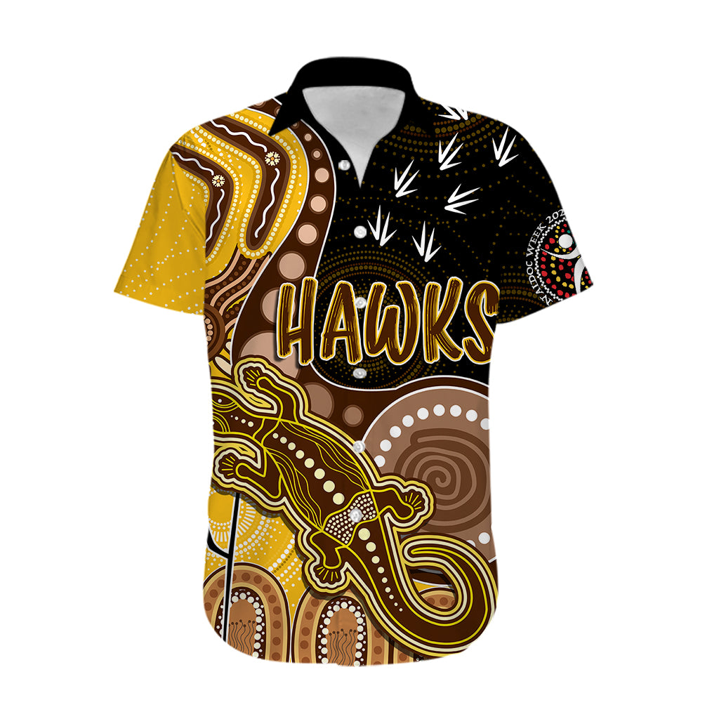 Personalised NAIDOC Week 2023 AFL Hawks Hawaiian Shirt Aboriginal Dot Art Lizard Mix Boomerang - Vibe Hoodie Shop