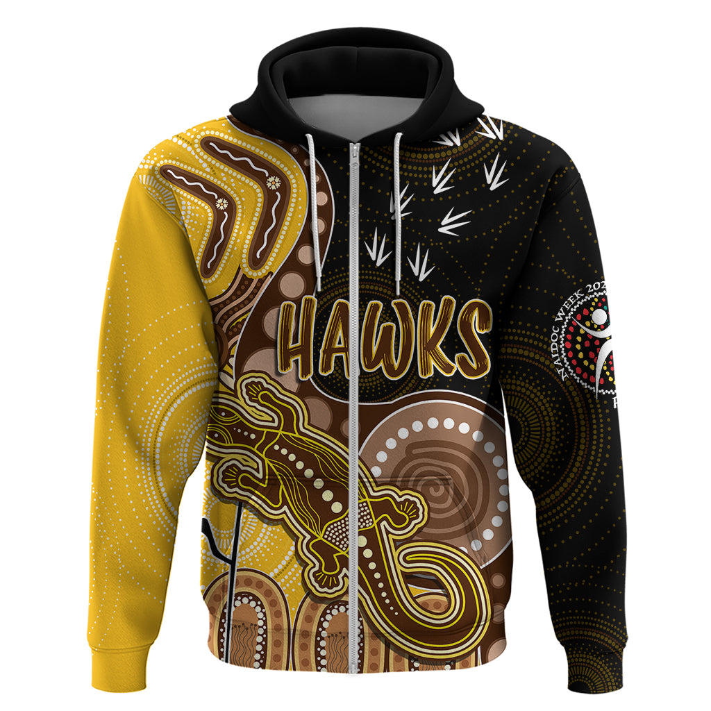 Personalised NAIDOC Week 2023 AFL Hawks Hoodie Aboriginal Dot Art Lizard Mix Boomerang LT7 - Vibe Hoodie Shop