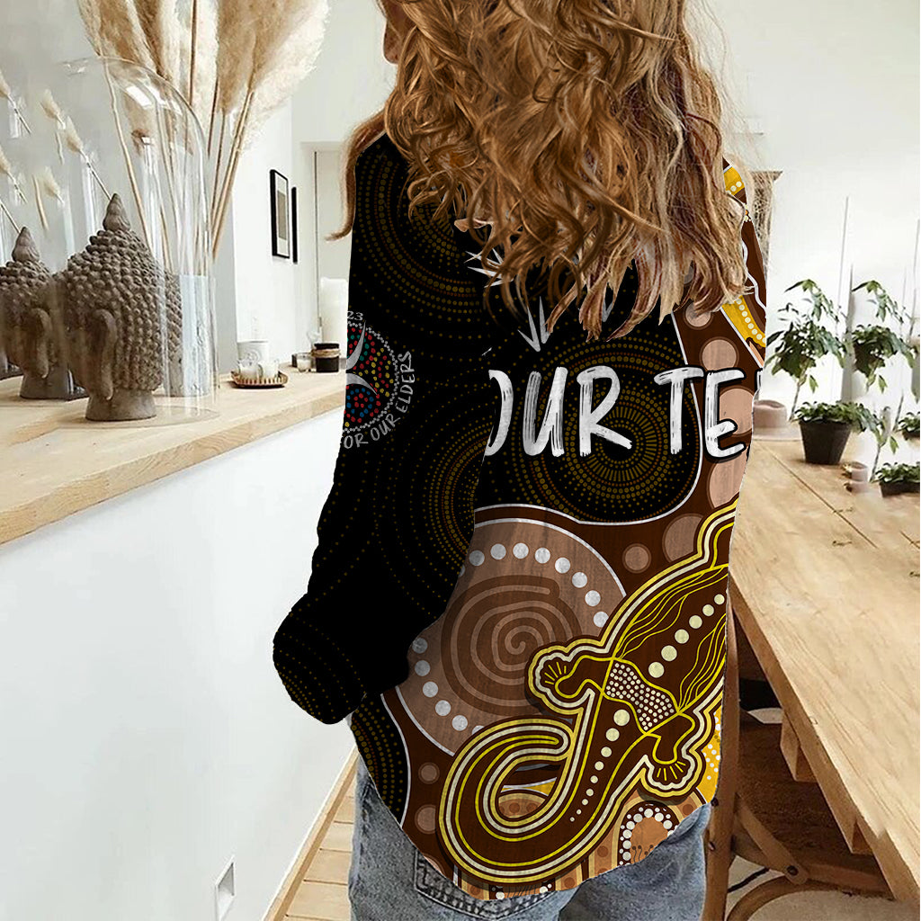 Personalised NAIDOC Week 2023 AFL Hawks Women Casual Shirt Aboriginal Dot Art Lizard Mix Boomerang - Vibe Hoodie Shop
