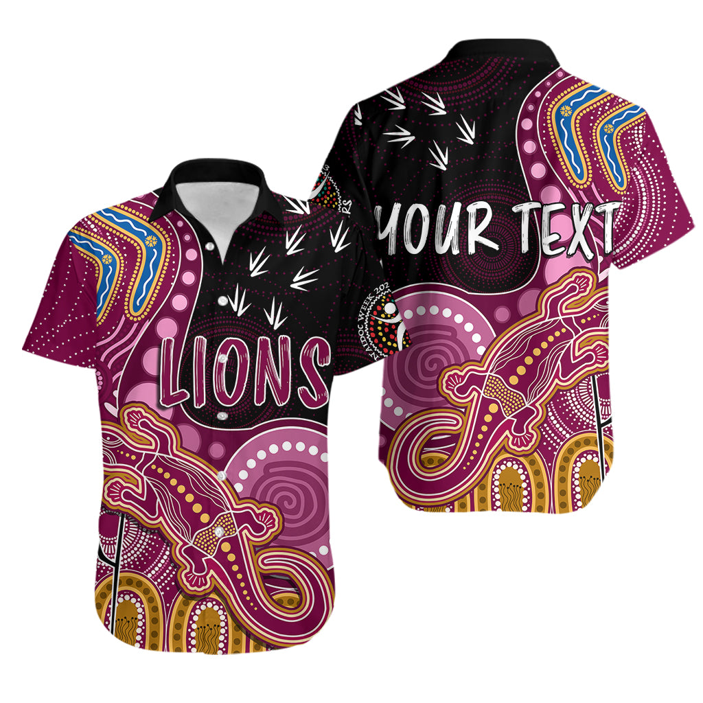 Personalised NAIDOC Week 2023 AFL Lions Hawaiian Shirt Aboriginal Dot Art Lizard Mix Boomerang - Vibe Hoodie Shop