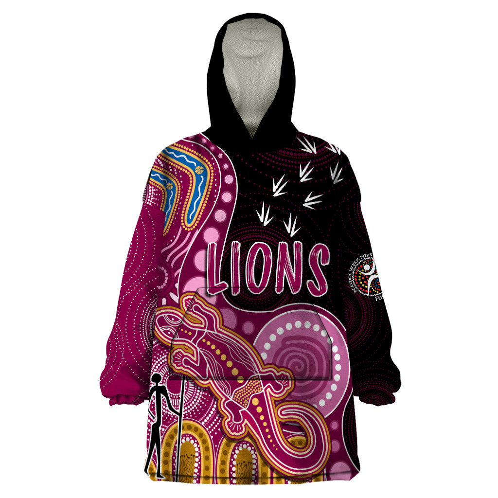 Personalised NAIDOC Week 2023 AFL Lions Wearable Blanket Hoodie Aboriginal Dot Art Lizard Mix Boomerang - Vibe Hoodie Shop