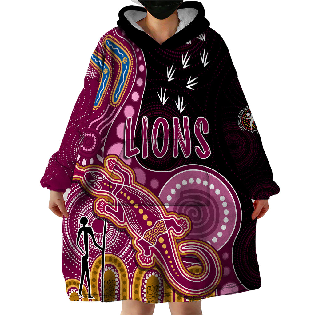 Personalised NAIDOC Week 2023 AFL Lions Wearable Blanket Hoodie Aboriginal Dot Art Lizard Mix Boomerang - Vibe Hoodie Shop