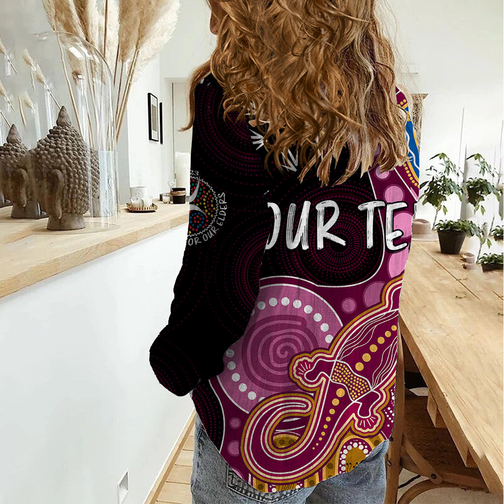 Personalised NAIDOC Week 2023 AFL Lions Women Casual Shirt Aboriginal Dot Art Lizard Mix Boomerang - Vibe Hoodie Shop