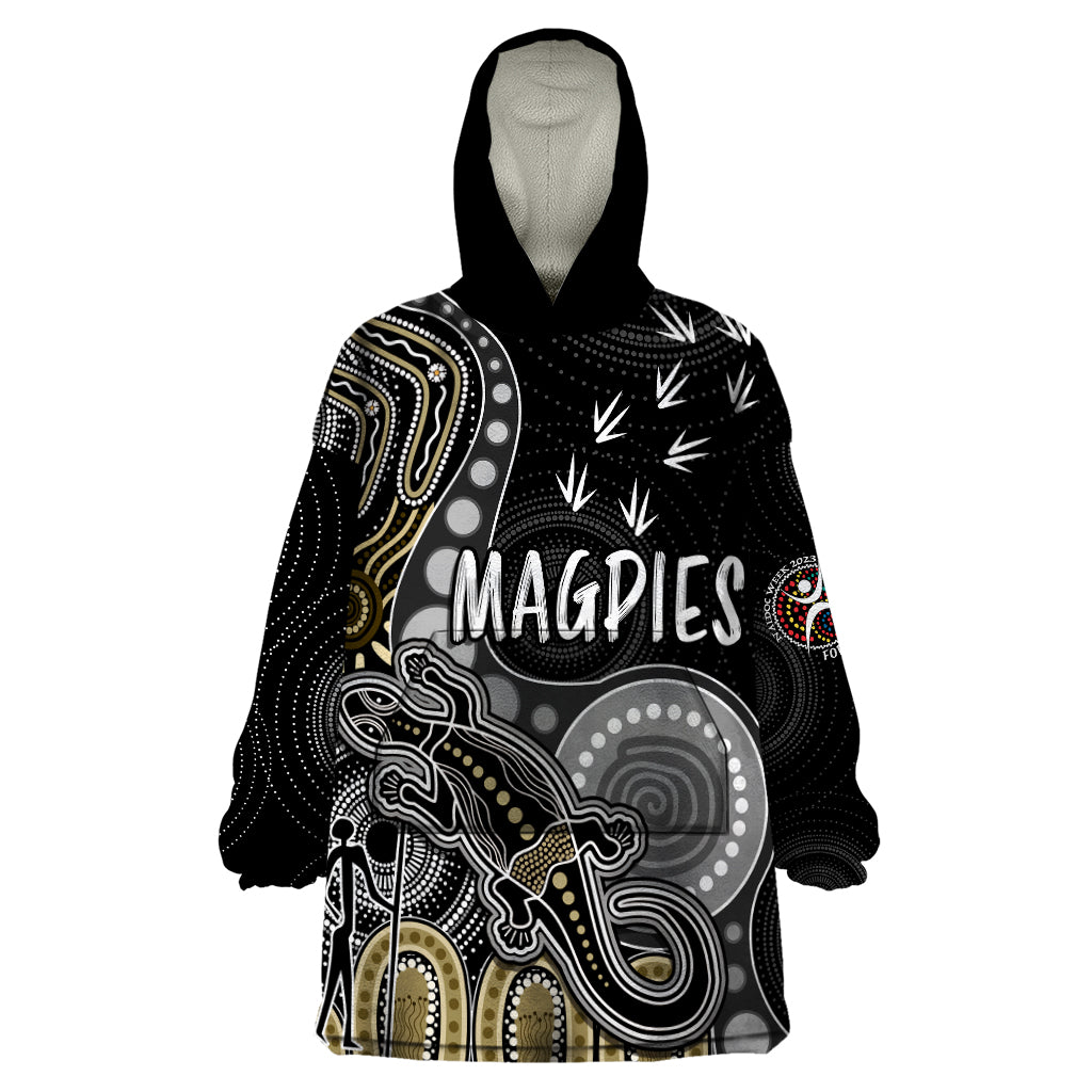 Personalised NAIDOC Week 2023 AFL Magpies Wearable Blanket Hoodie Aboriginal Dot Art Lizard Mix Boomerang - Vibe Hoodie Shop