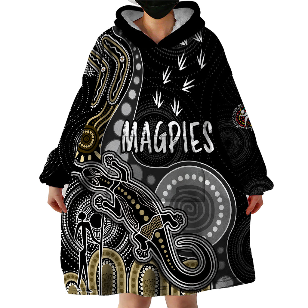 Personalised NAIDOC Week 2023 AFL Magpies Wearable Blanket Hoodie Aboriginal Dot Art Lizard Mix Boomerang - Vibe Hoodie Shop