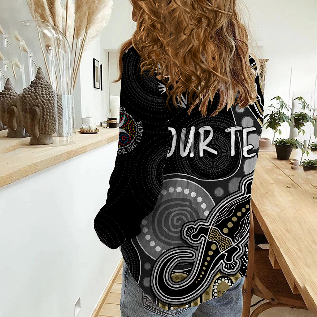 Personalised NAIDOC Week 2023 AFL Magpies Women Casual Shirt Aboriginal Dot Art Lizard Mix Boomerang - Vibe Hoodie Shop
