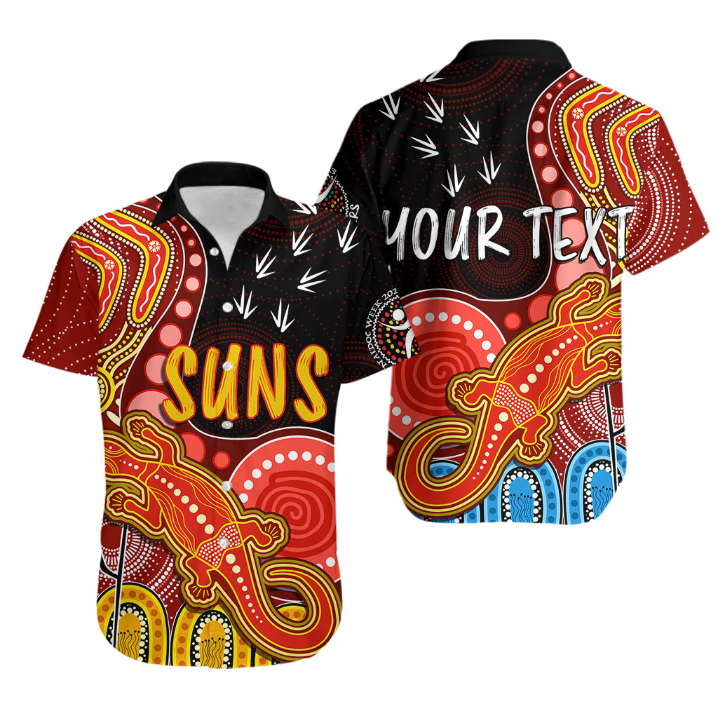 Personalised NAIDOC Week 2023 AFL Suns Hawaiian Shirt Aboriginal Dot Art Lizard Mix Boomerang - Vibe Hoodie Shop