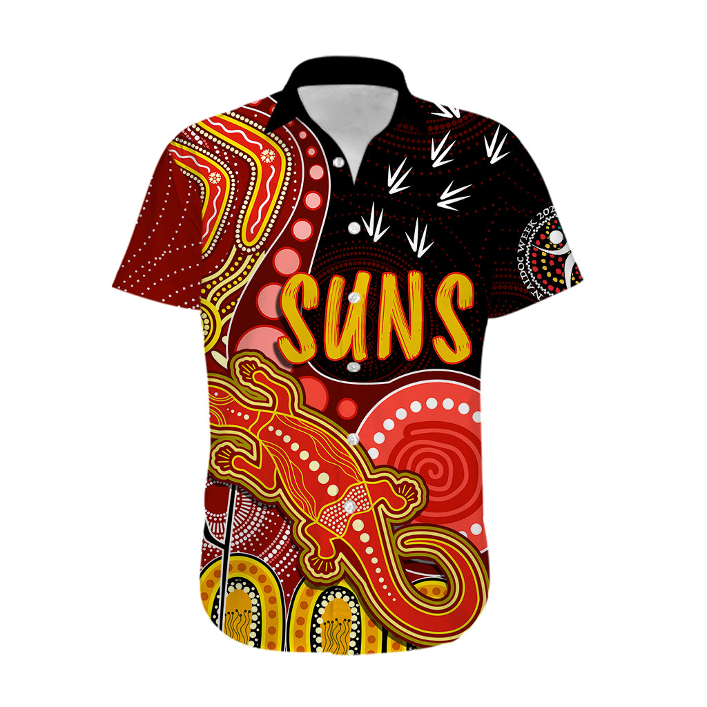 Personalised NAIDOC Week 2023 AFL Suns Hawaiian Shirt Aboriginal Dot Art Lizard Mix Boomerang - Vibe Hoodie Shop