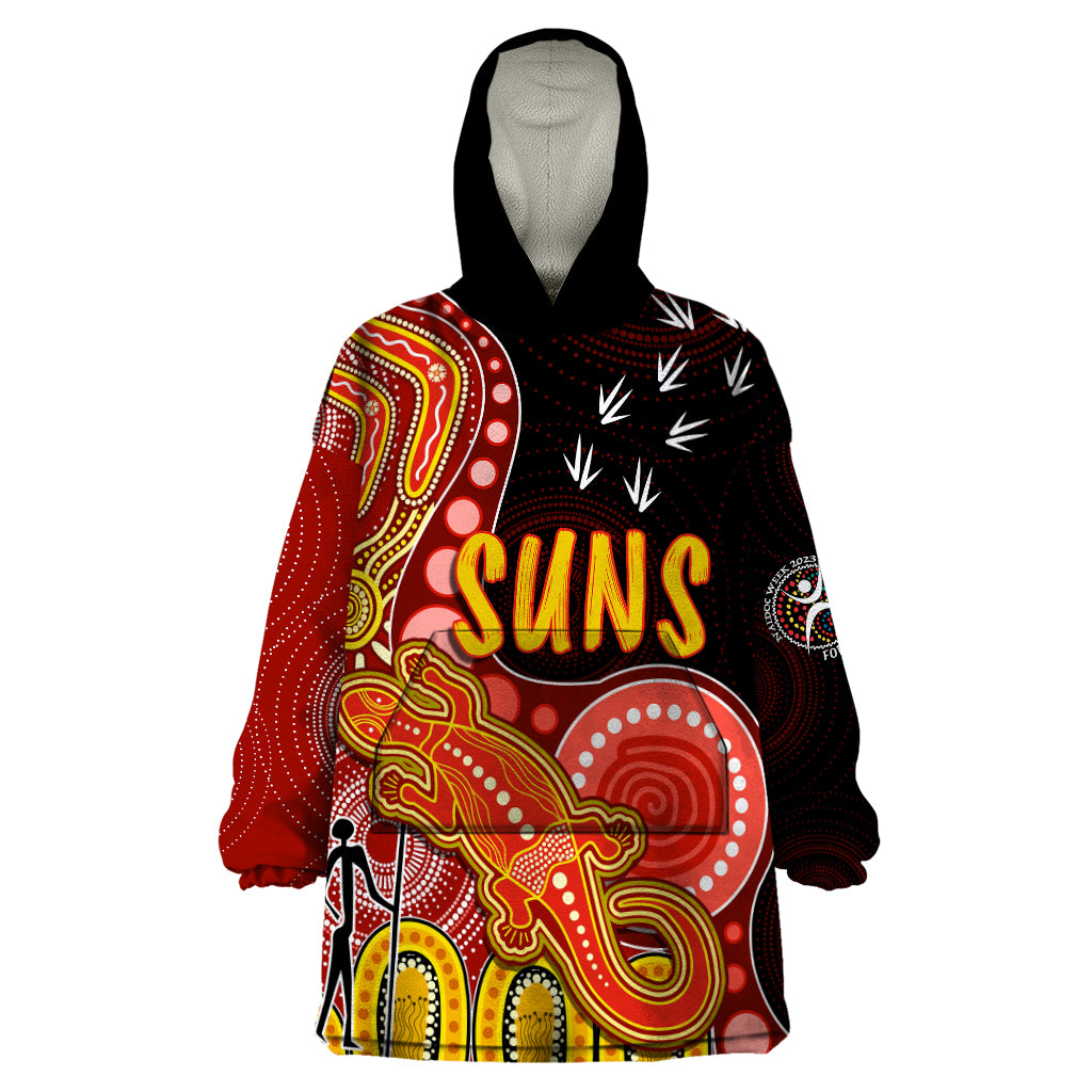 Personalised NAIDOC Week 2023 AFL Suns Wearable Blanket Hoodie Aboriginal Dot Art Lizard Mix Boomerang - Vibe Hoodie Shop