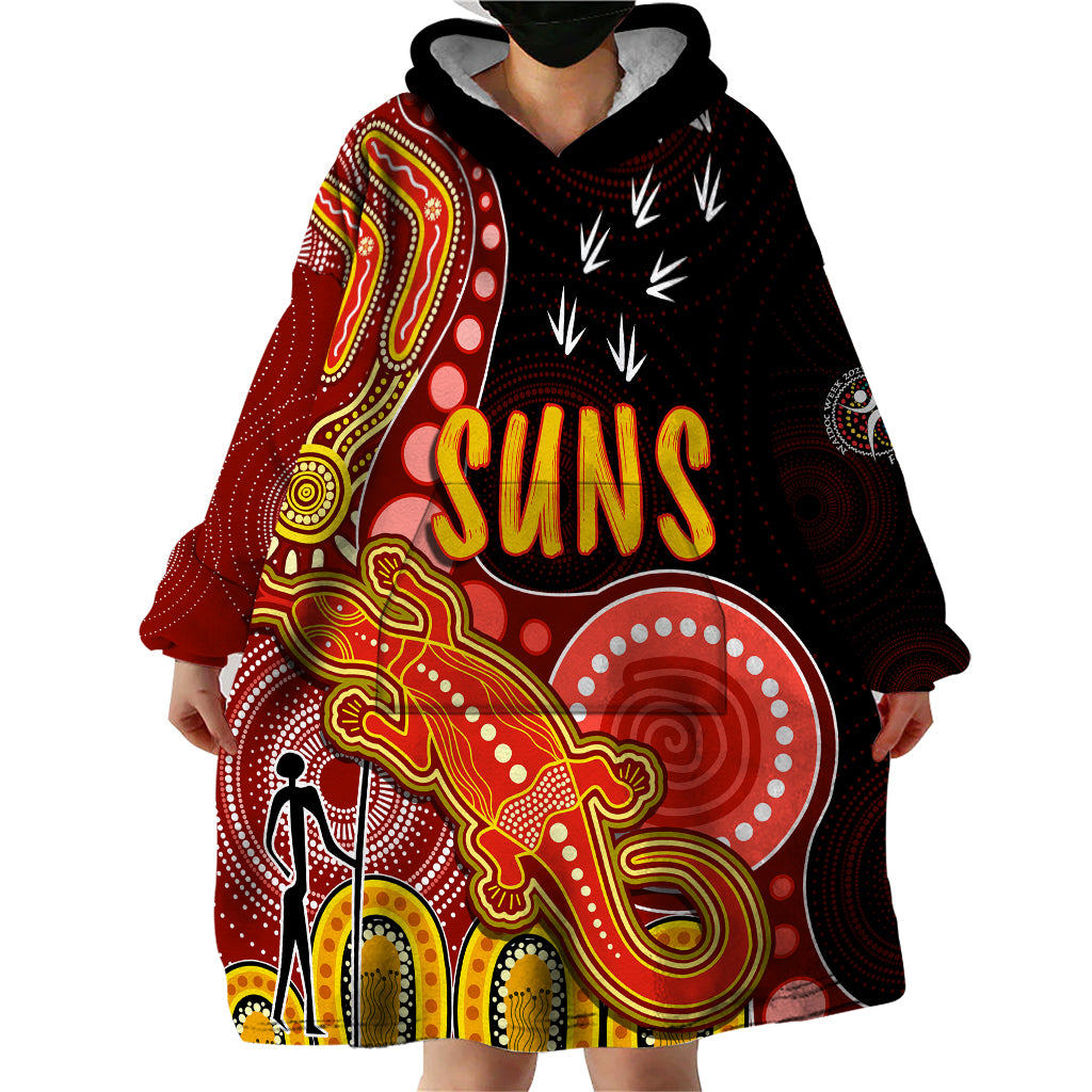 Personalised NAIDOC Week 2023 AFL Suns Wearable Blanket Hoodie Aboriginal Dot Art Lizard Mix Boomerang - Vibe Hoodie Shop