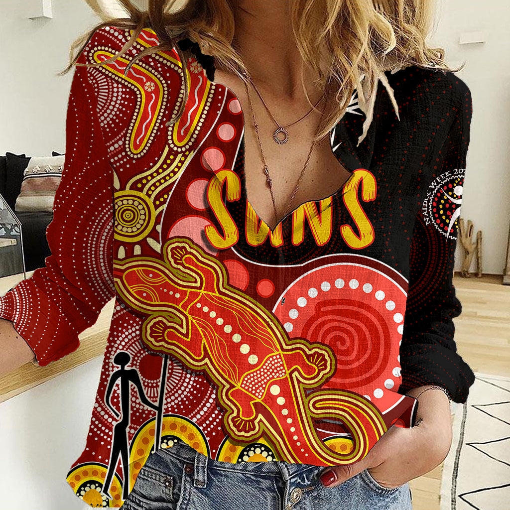 Personalised NAIDOC Week 2023 AFL Suns Women Casual Shirt Aboriginal Dot Art Lizard Mix Boomerang - Vibe Hoodie Shop
