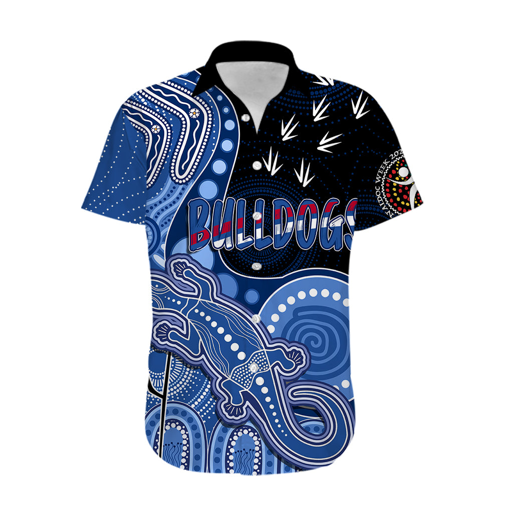 Personalised NAIDOC Week 2023 AFL Bulldogs Hawaiian Shirt Aboriginal Dot Art Lizard Mix Boomerang - Vibe Hoodie Shop