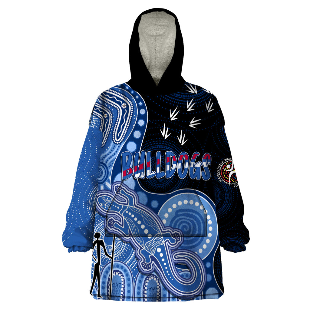 Personalised NAIDOC Week 2023 AFL Bulldogs Wearable Blanket Hoodie Aboriginal Dot Art Lizard Mix Boomerang - Vibe Hoodie Shop