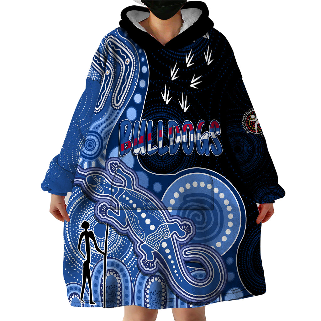 Personalised NAIDOC Week 2023 AFL Bulldogs Wearable Blanket Hoodie Aboriginal Dot Art Lizard Mix Boomerang - Vibe Hoodie Shop