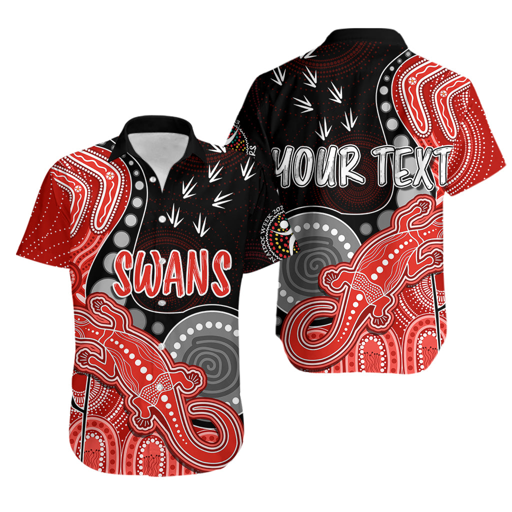 Personalised NAIDOC Week 2023 AFL Swans Hawaiian Shirt Aboriginal Dot Art Lizard Mix Boomerang - Vibe Hoodie Shop