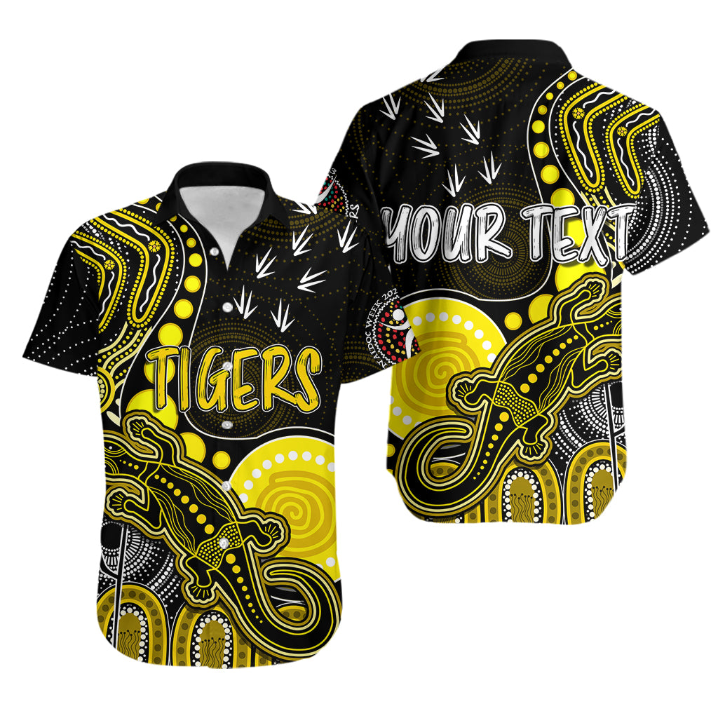 Personalised NAIDOC Week 2023 AFL Tigers Hawaiian Shirt Aboriginal Dot Art Lizard Mix Boomerang - Vibe Hoodie Shop