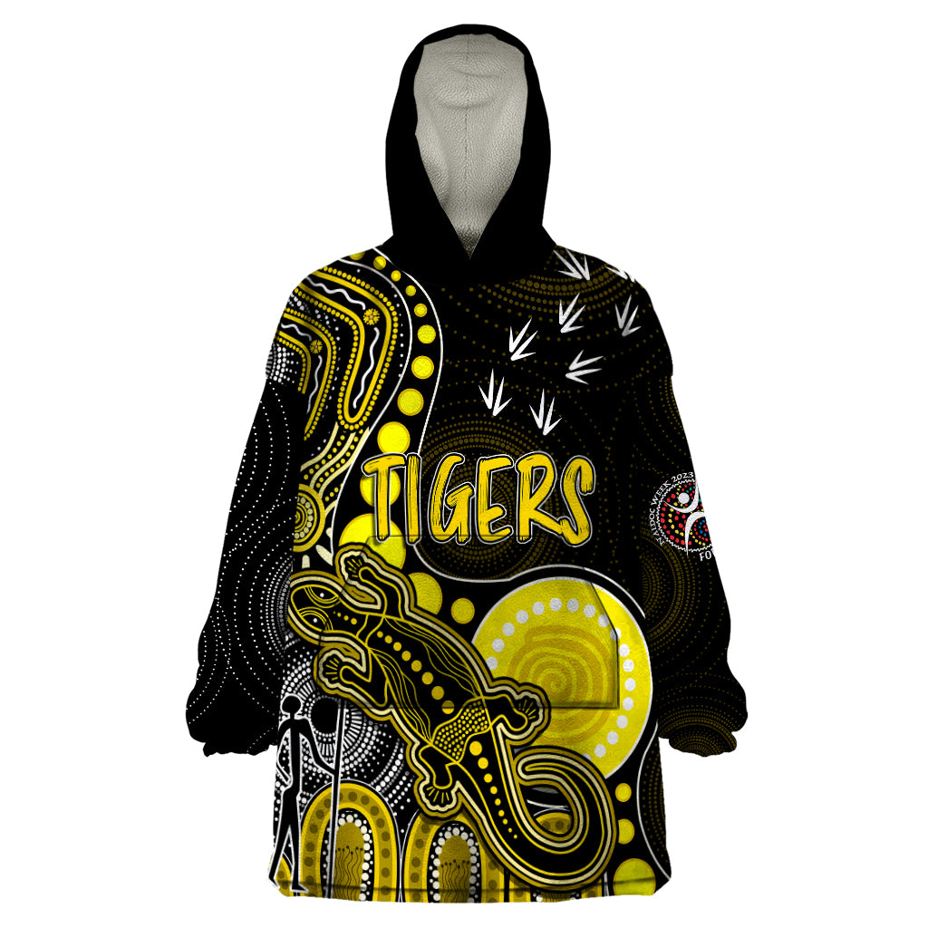 Personalised NAIDOC Week 2023 AFL Tigers Wearable Blanket Hoodie Aboriginal Dot Art Lizard Mix Boomerang - Vibe Hoodie Shop