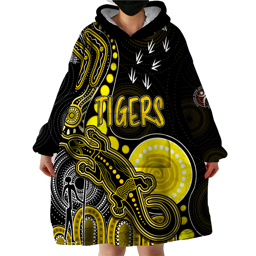 Personalised NAIDOC Week 2023 AFL Tigers Wearable Blanket Hoodie Aboriginal Dot Art Lizard Mix Boomerang - Vibe Hoodie Shop