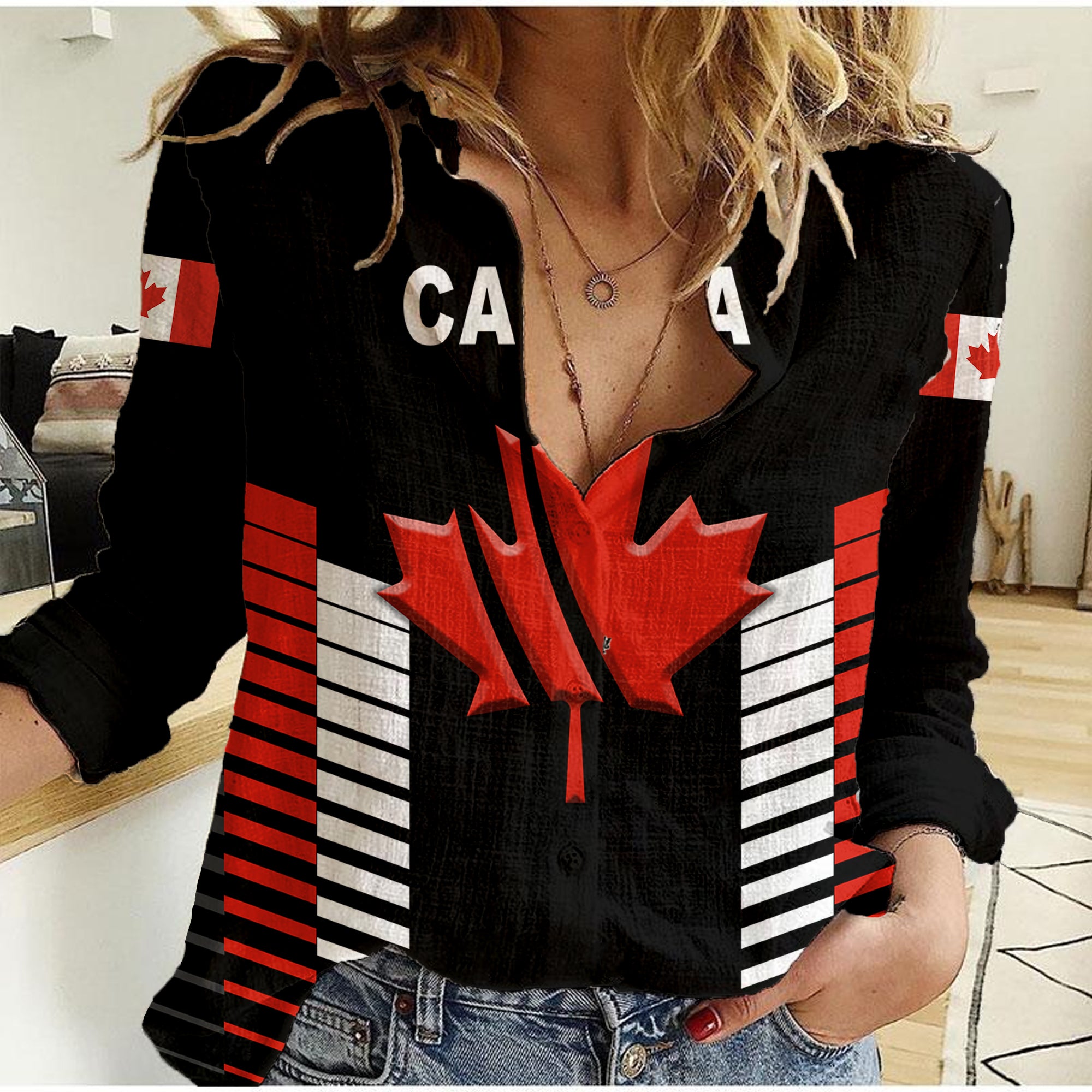 (Custom Personalised) Canada Cricket Women Casual Shirt Maple Leaf Unique Style - Black - Vibe Hoodie Shop