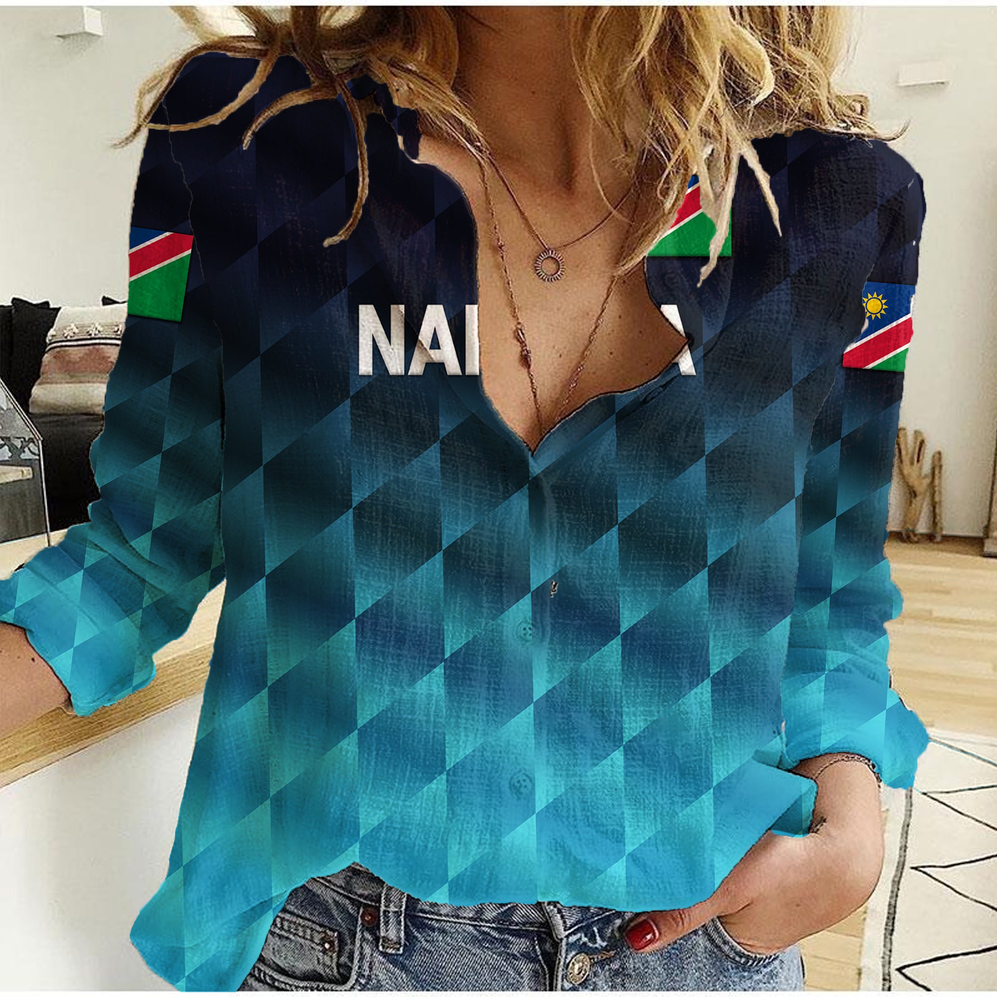 (Custom Personalised) Namibia Cricket Women Casual Shirt Unique Style - Blue - Vibe Hoodie Shop