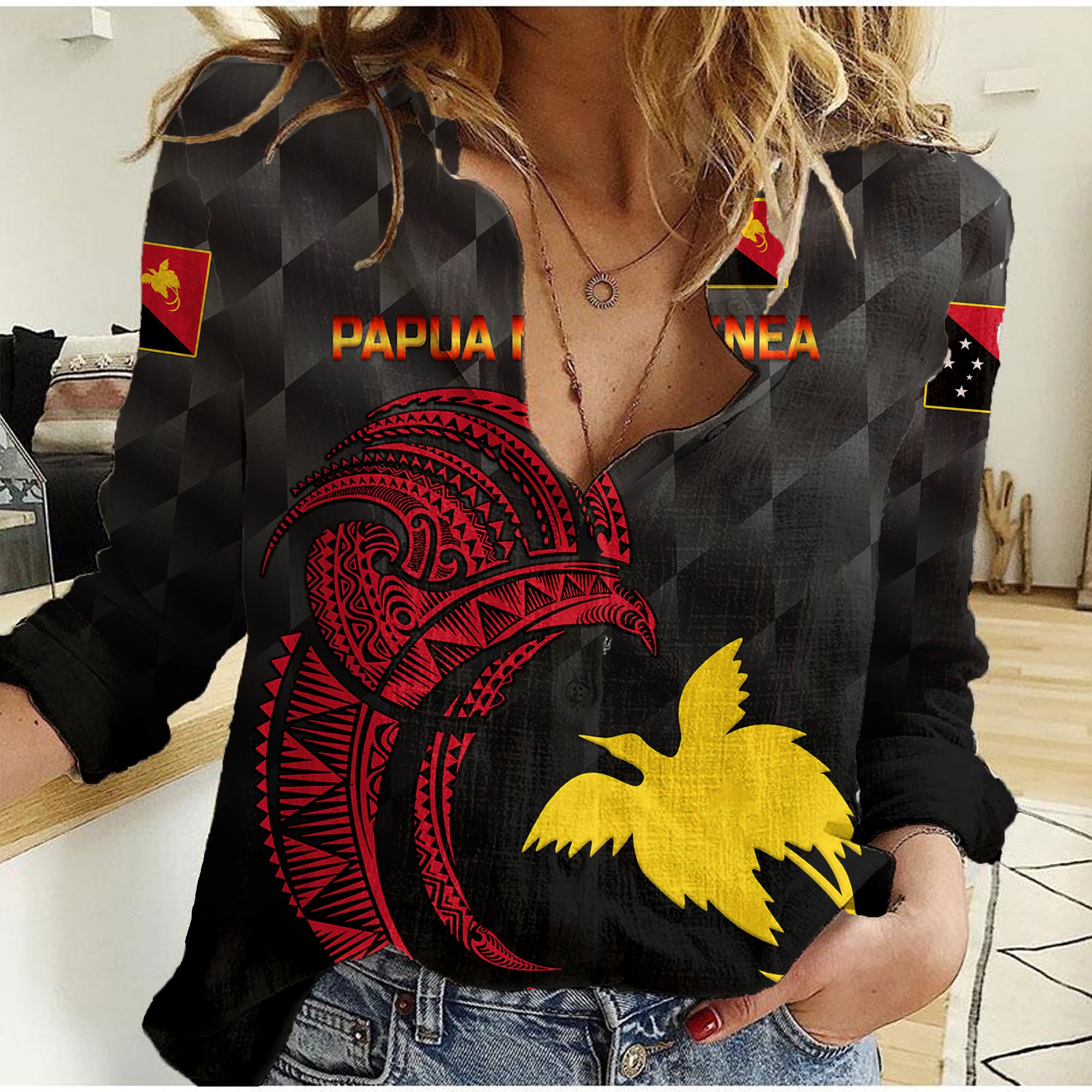 (Custom Personalised) Papua New Guinea Barramundis Cricket Women Casual Shirt Birds Of Paradise Paradisaea Raggiana Original - Black - Vibe Hoodie Shop