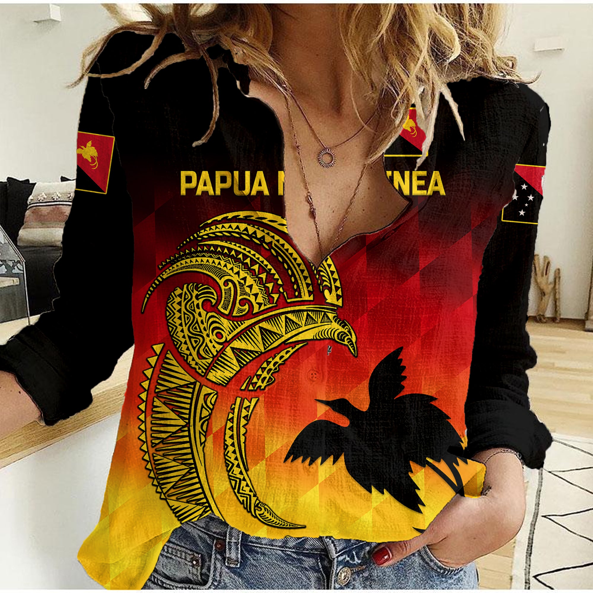 (Custom Personalised) Papua New Guinea Barramundis Cricket Women Casual Shirt Birds Of Paradise Paradisaea Raggiana Original - Gradient Flag Vibes - Vibe Hoodie Shop