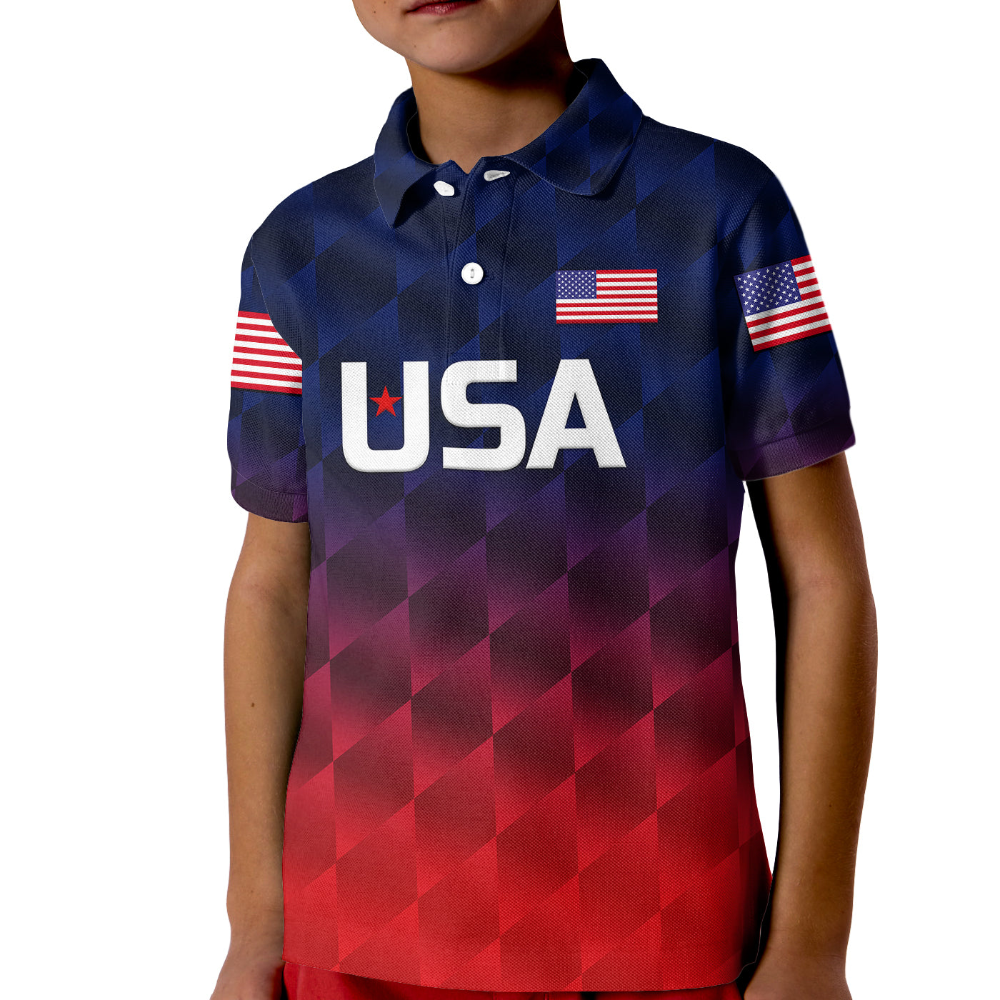 (Custom Personalised) United States National Cricket Kid Polo Shirt Team USA Cricket Gradient Navy Red - Vibe Hoodie Shop