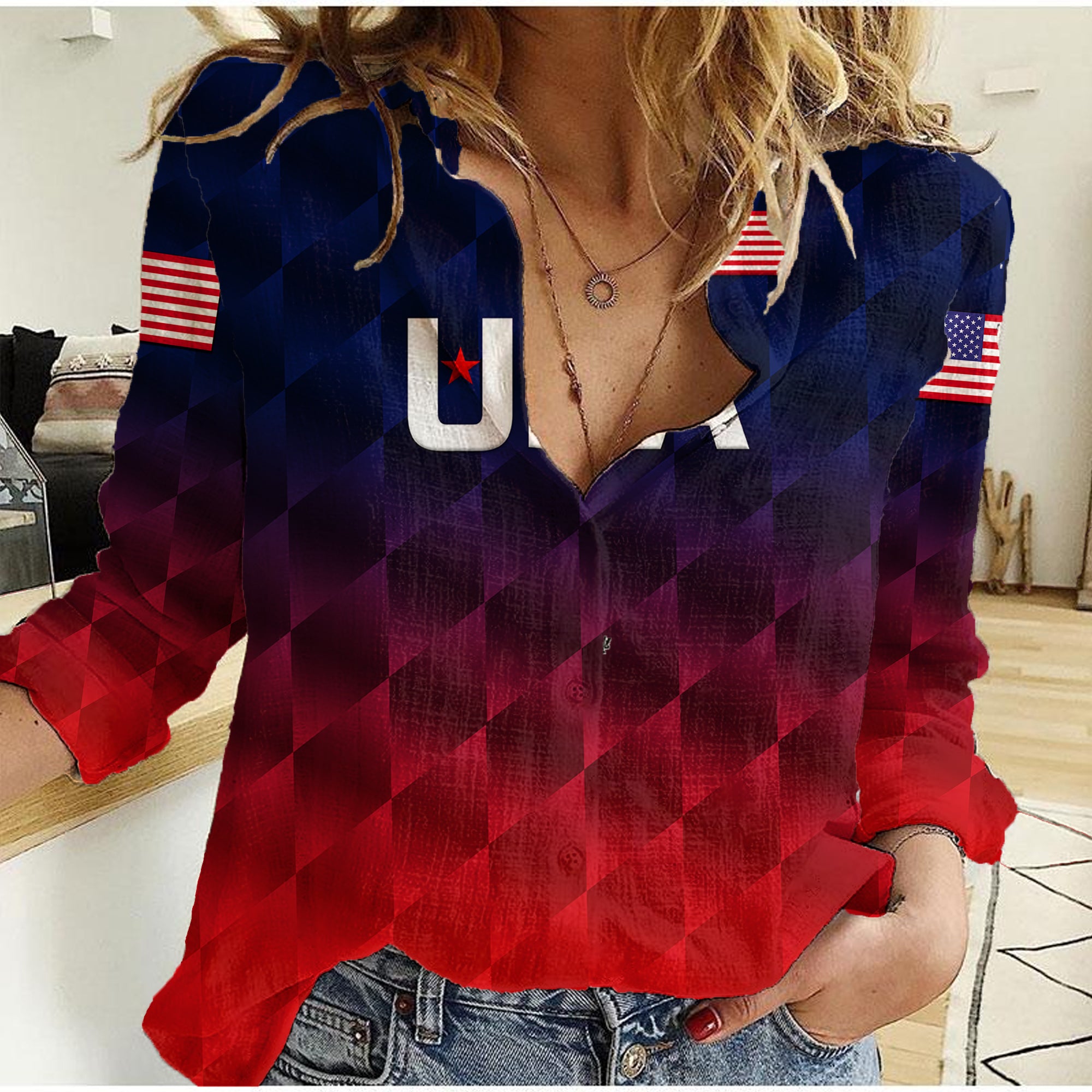 (Custom Personalised) United States National Cricket Women Casual Shirt Team USA Cricket Gradient Navy Red - Vibe Hoodie Shop