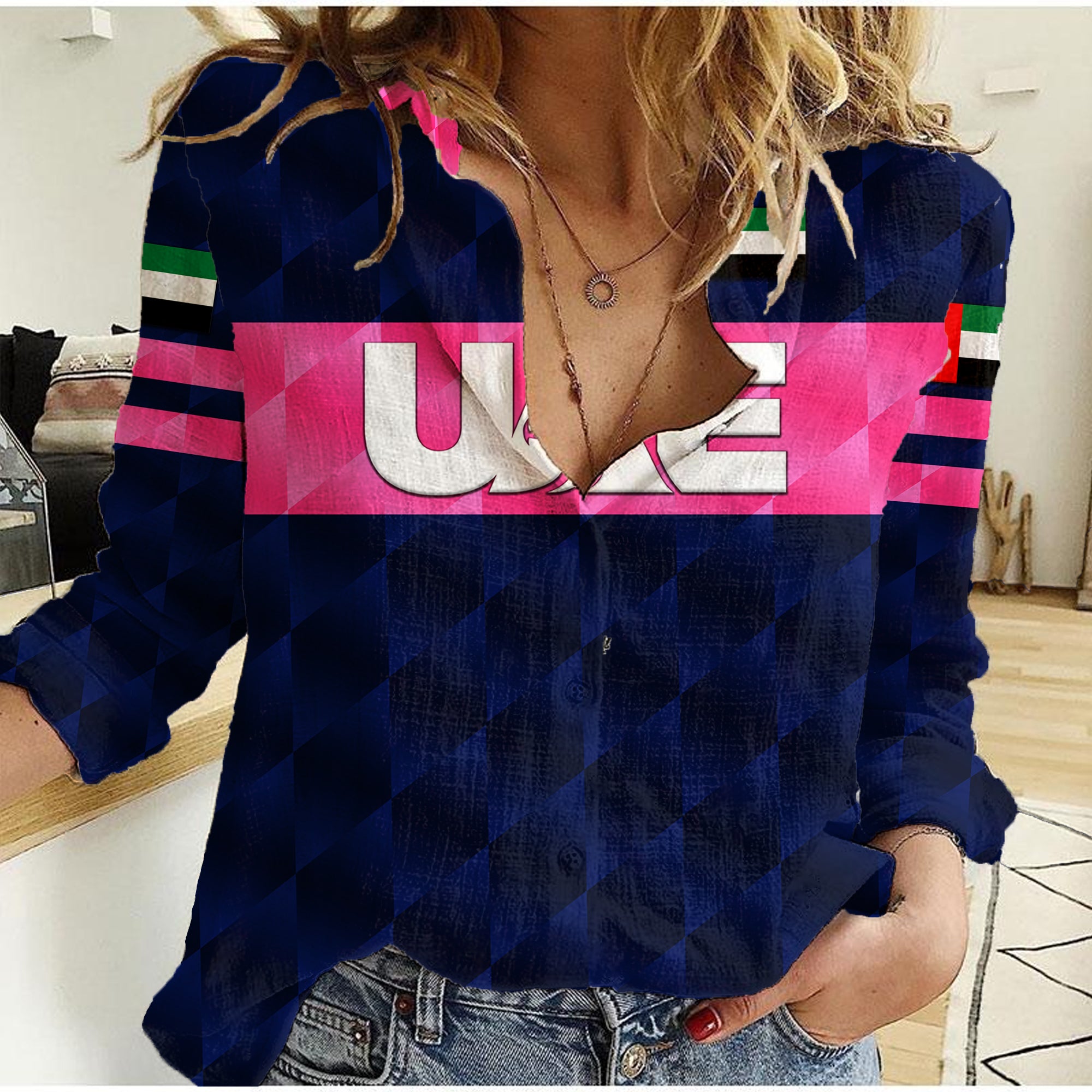 (Custom Personalised) United Arab Emirates UAE Cricket Women Casual Shirt Falcon Unique - Navy - Vibe Hoodie Shop