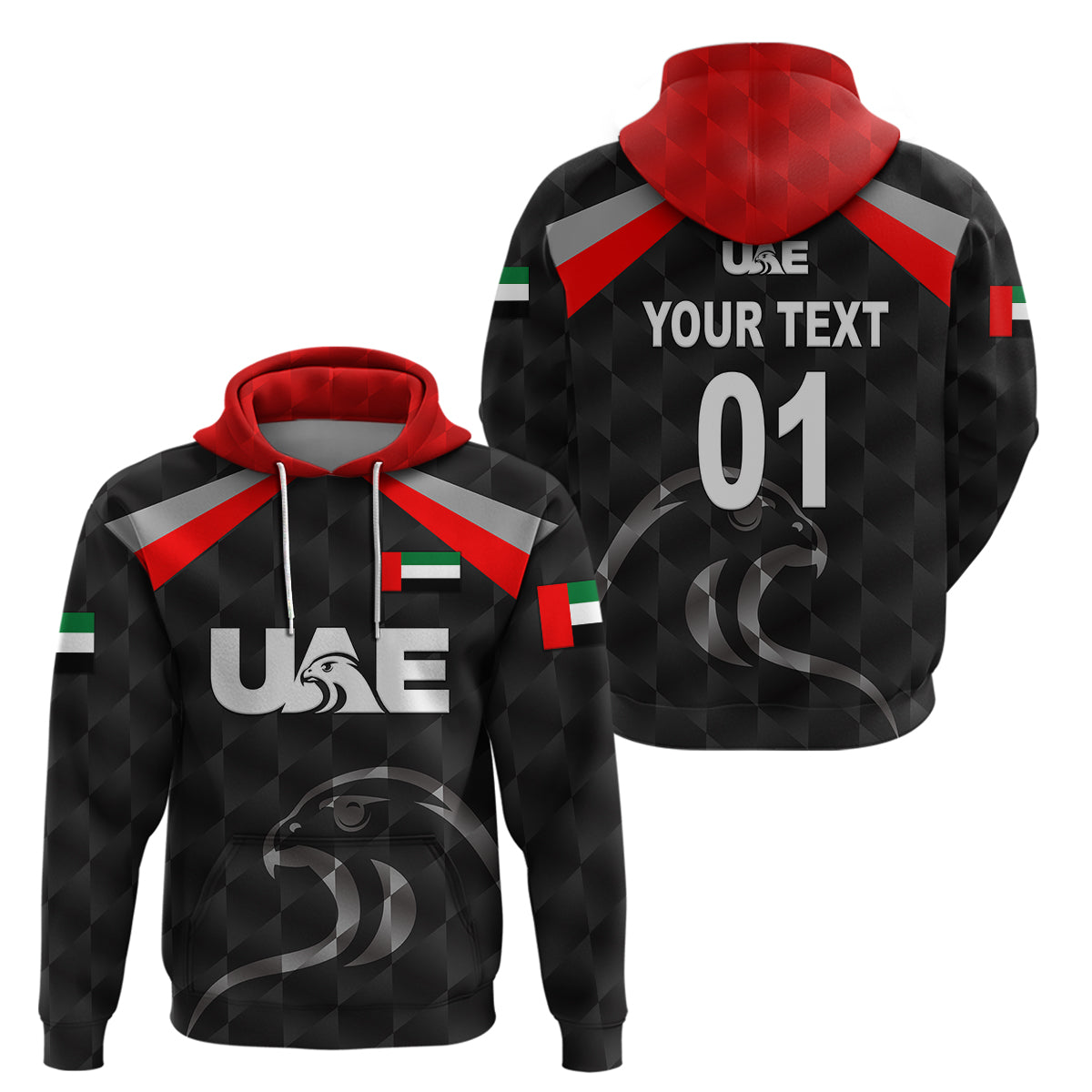 (Custom Personalised) United Arab Emirates UAE Cricket Hoodie Falcon Special - Black LT8 - Vibe Hoodie Shop