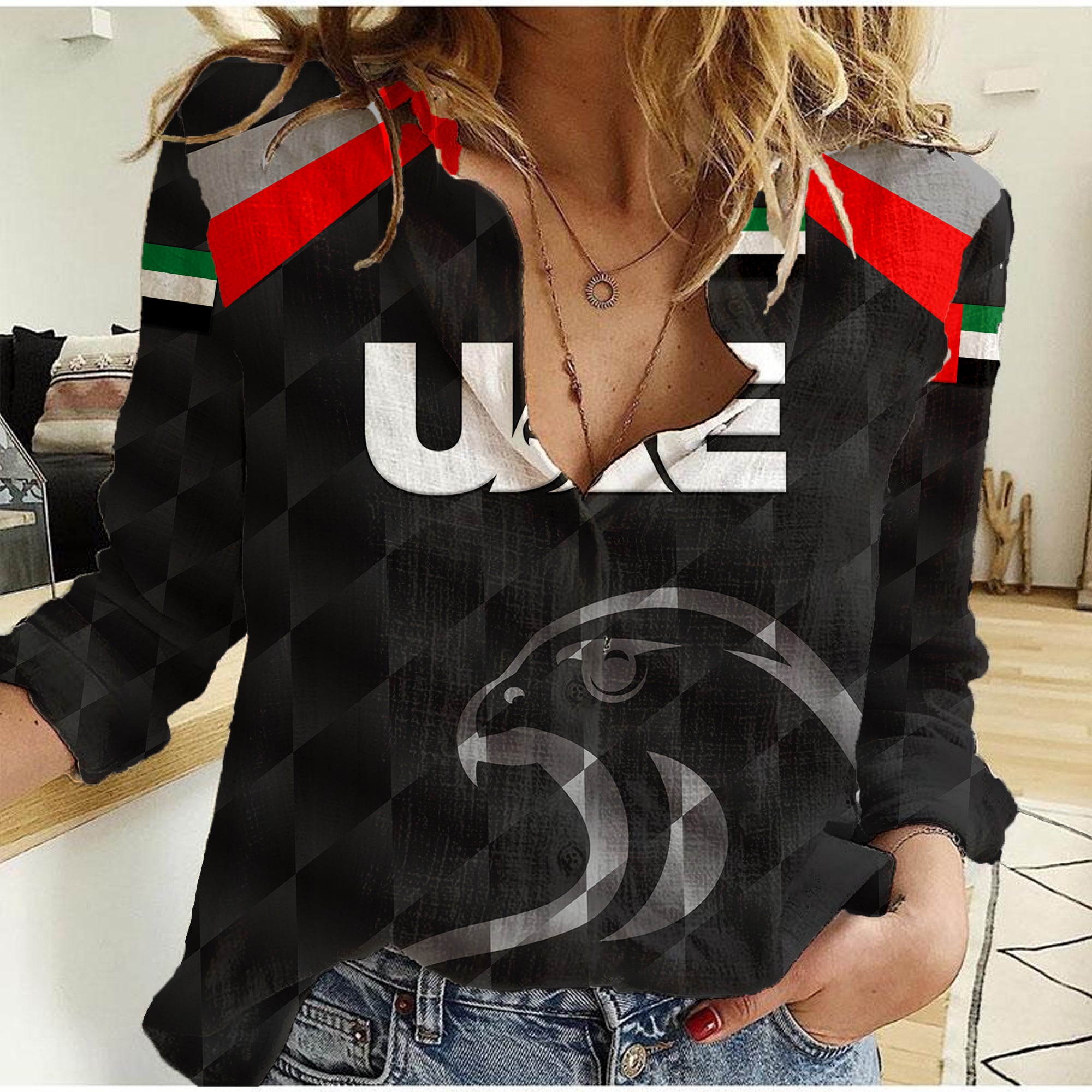 (Custom Personalised) United Arab Emirates UAE Cricket Women Casual Shirt Falcon Special - Black - Vibe Hoodie Shop