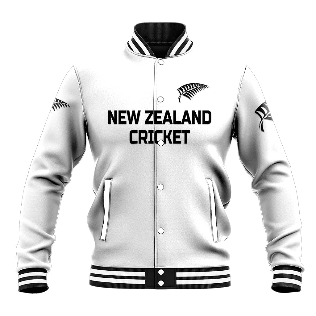 (Custom Personalised) New Zealand Cricket Baseball Jacket Silver Fern Unique - White - Vibe Hoodie Shop