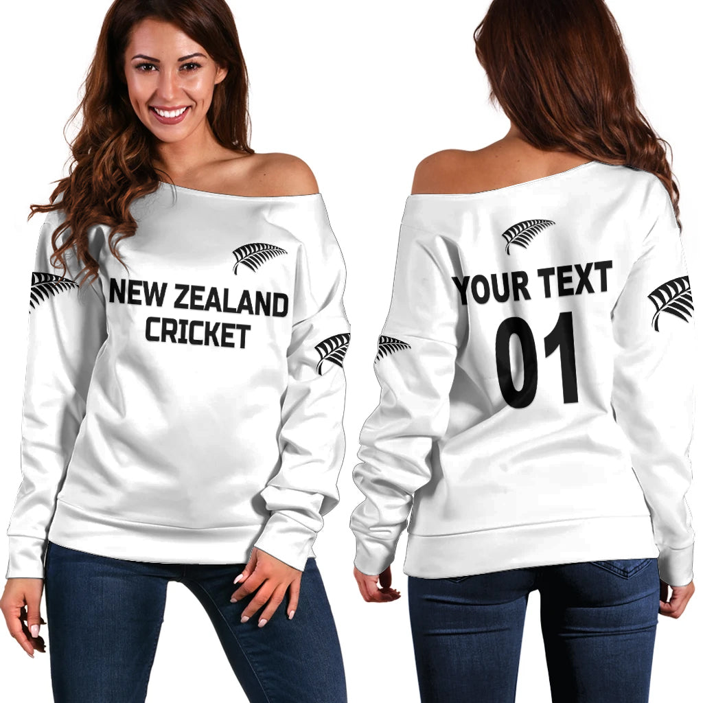 (Custom Personalised) New Zealand Cricket Off Shoulder Sweater Silver Fern Unique - White - Vibe Hoodie Shop